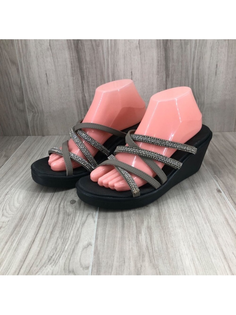 Skechers Wedge Sandals Womens 8 Cali Rumble On Night Out Taupe Brown Slip on